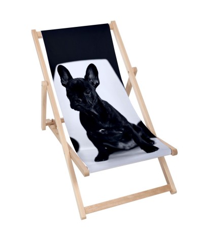 Leżak ogrodowy Czarny Buldog drewniany z psem plażowy 2020