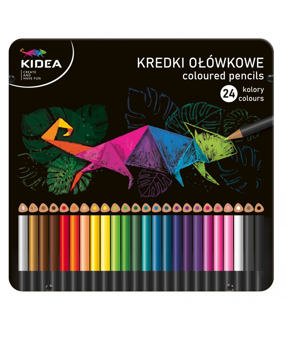 Kredki 24 kolorów w metalowym pudełku KIDEA ołówkowe trójkątne