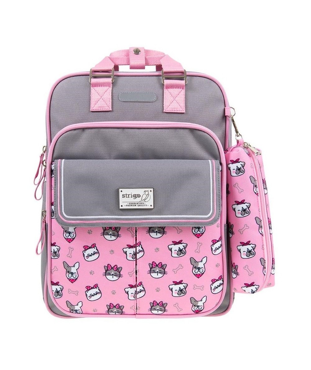 Plecak kwadratowy szkolny STRIGO pieski kotki różowy CUBE + PIÓRNIK