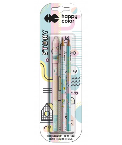Happy Color długopis zmazywalny 0,5mm + 2 ołówki HB STYLE NIEBIESKI MIX WZORÓW