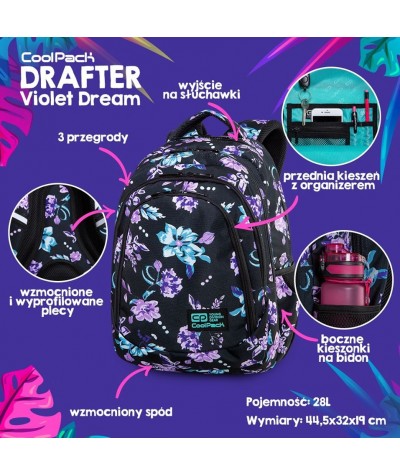 Plecak w kwiaty CoolPack VIOLET DREAM szkolny DRAFTER CP 17”