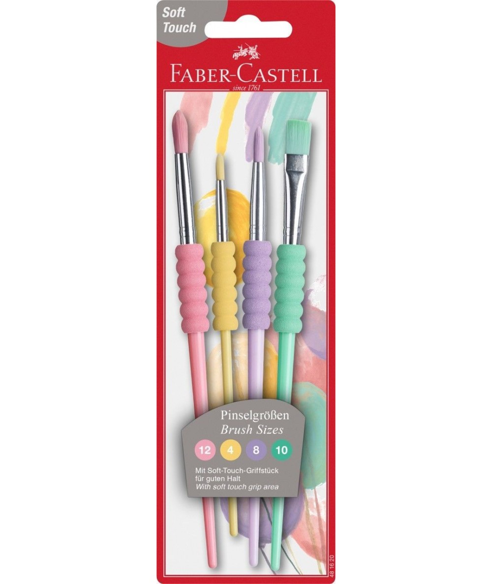 Pędzle szkolne Faber-Castell Soft Touch 4 szt. pastelowe miękki uchwyt