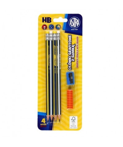 Ołówki HB ASTRA grafitowe zestaw 4 szt. z gumką + temperówka