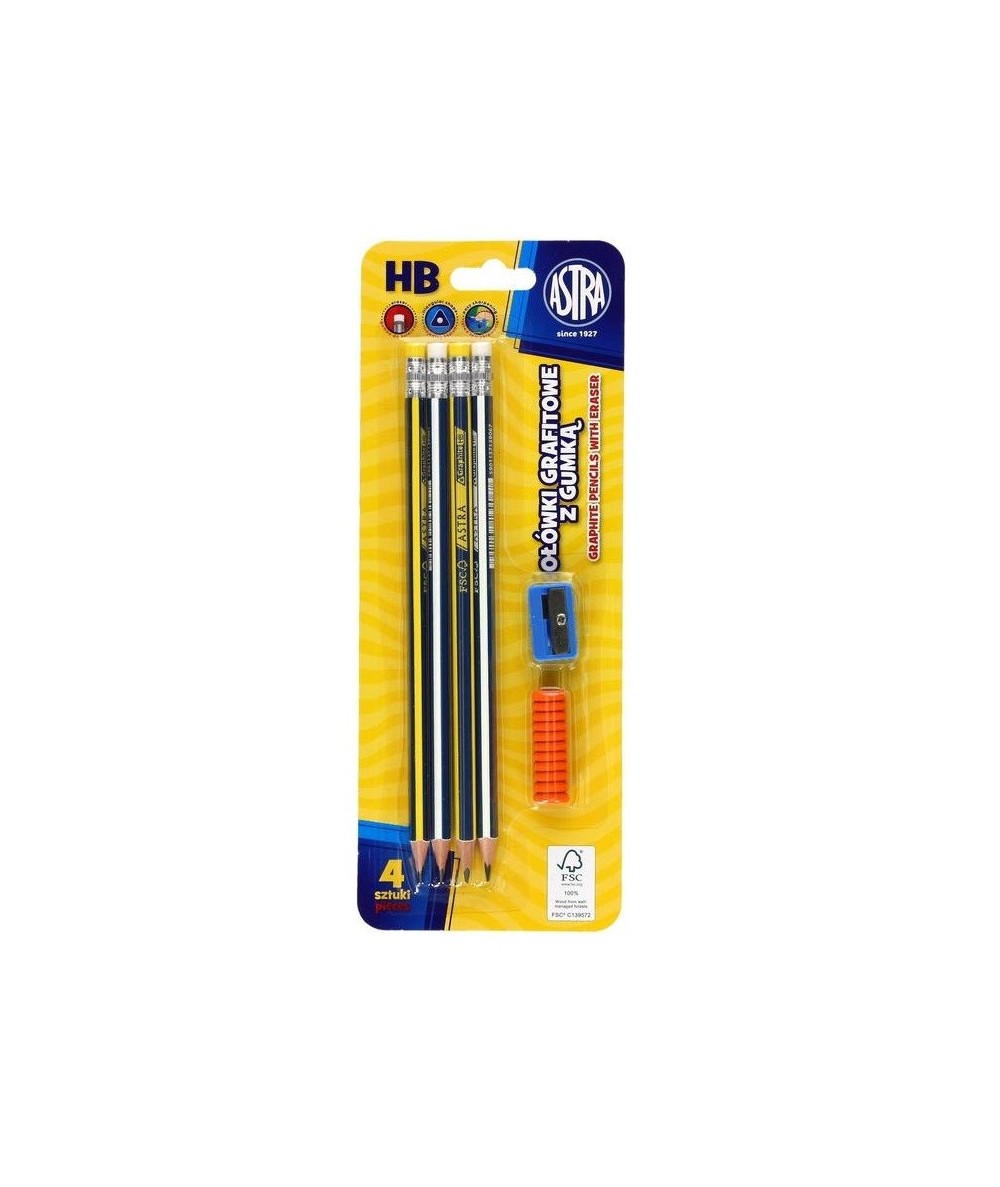 Ołówki HB ASTRA grafitowe zestaw 4 szt. z gumką + temperówka