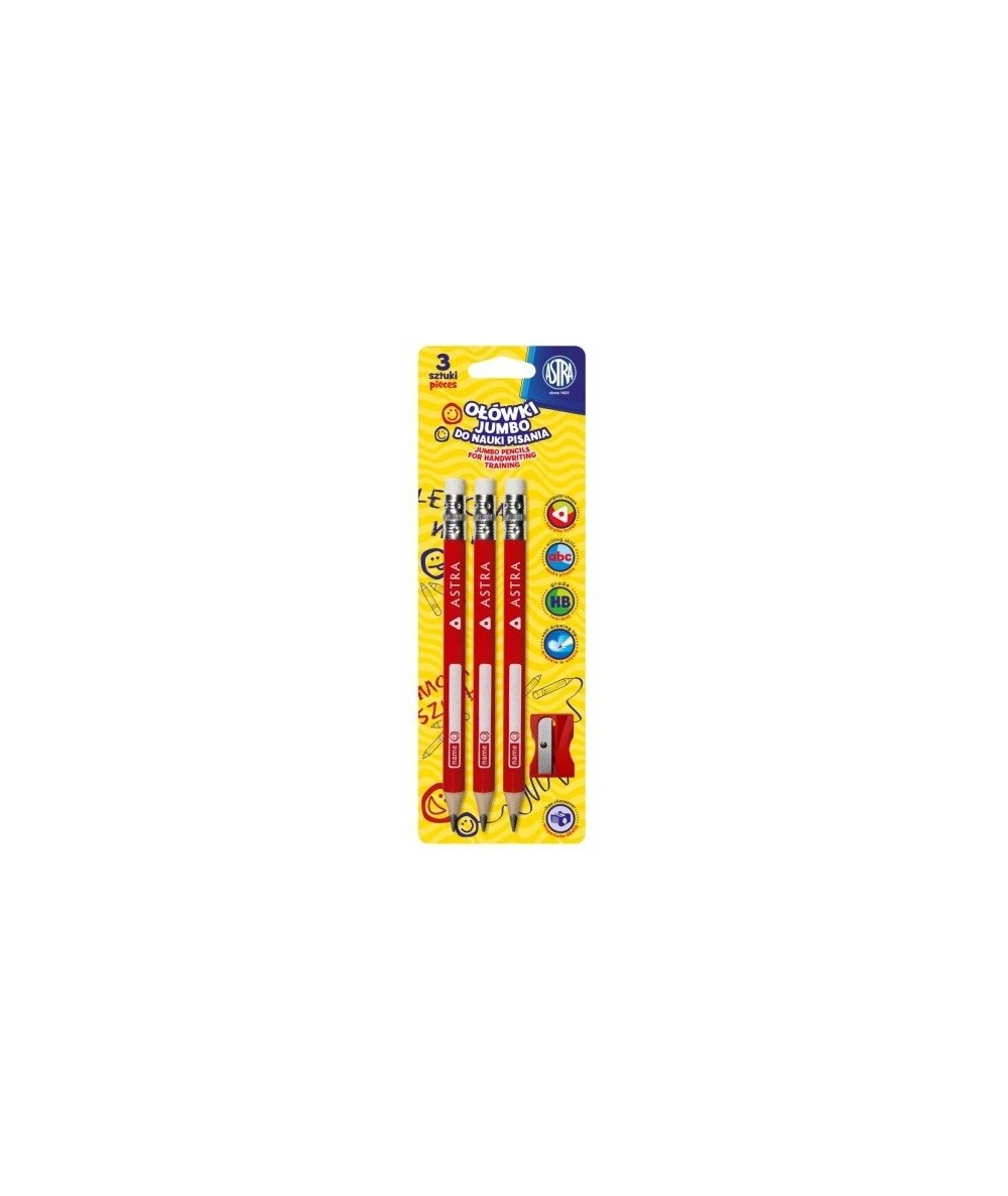 Ołówki JUMBO ASTRA 3 sztuki HB do nauki pisania + temperówka