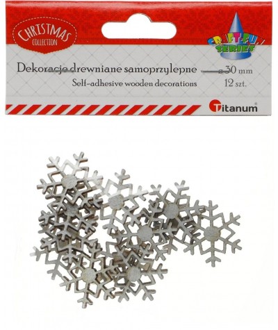 Drewniane srebrne płatki śniegu Titanum  dekoracje samoprzylepne na piance 12 sztuk