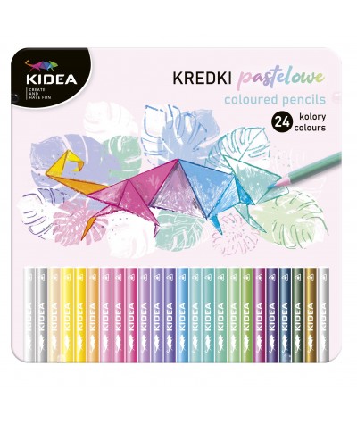 Kredki trójkątne pastelowe metaliczne 24 kolory metalowe pudełko KIDEA
