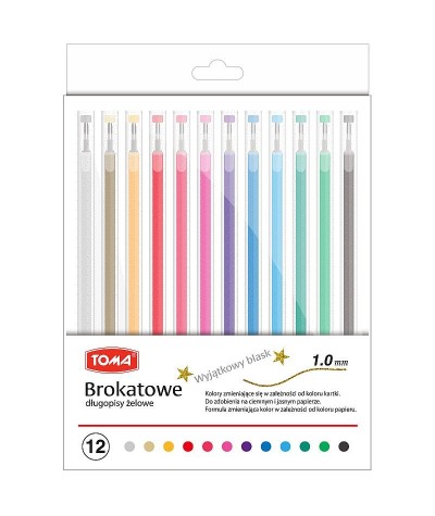 Długopisy żelowe brokatowe TOMA 12 kolorów DEKORACYJNE