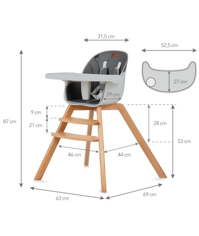 Drewniane krzesełko do karmienia Kidwell Szare Nobis 6-36mc regulowane