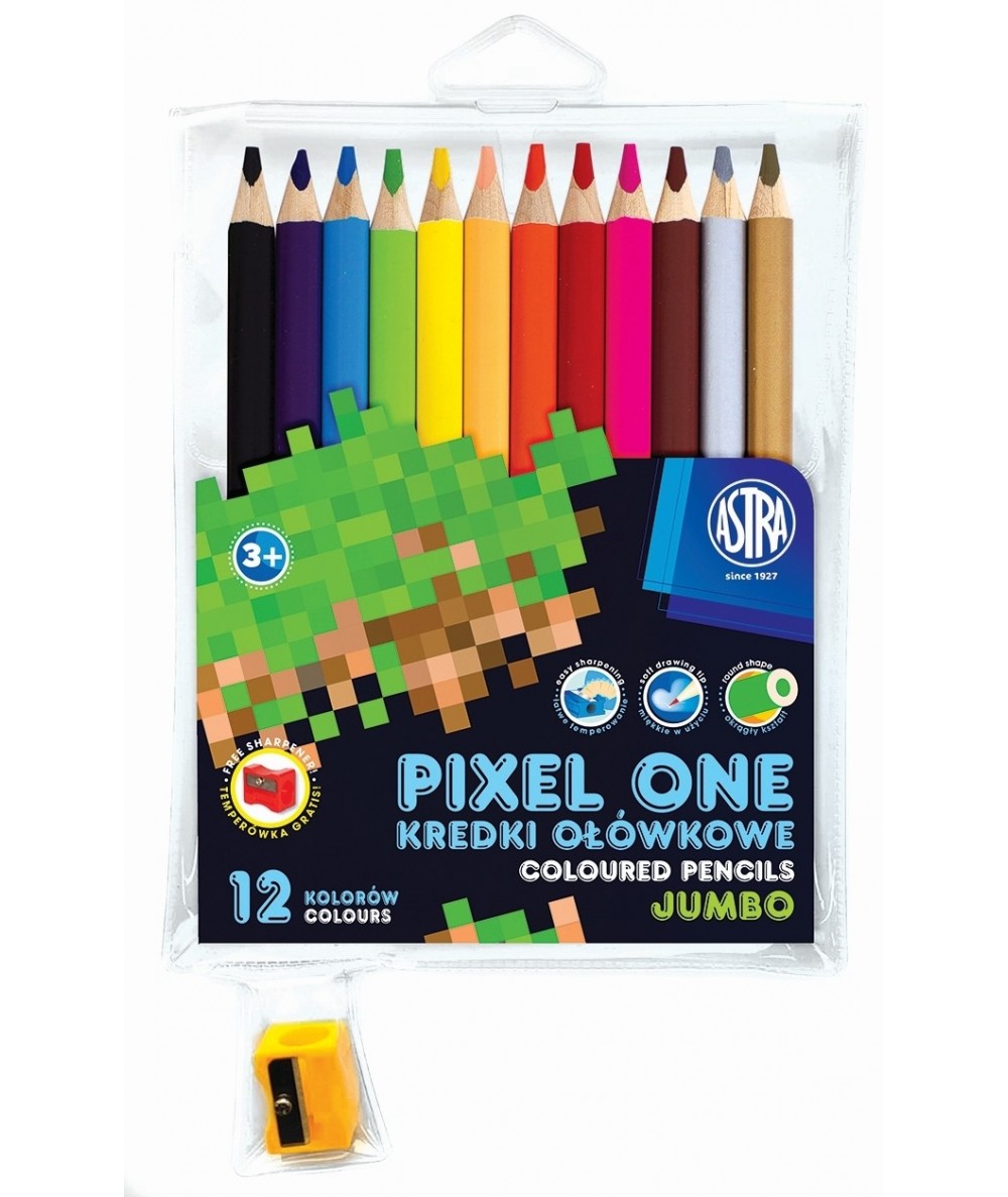 Kredki JUMBO ołówkowe okrągłe ASTRA PIXEL ONE 12 kolorów dla dzieci