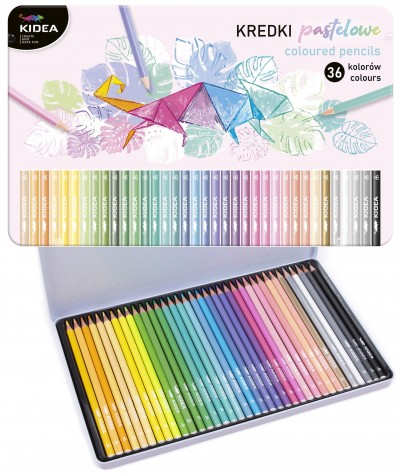 Kredki ołówkowe pastelowe 36 kolorów metalowe pudełko KIDEA trójkątne