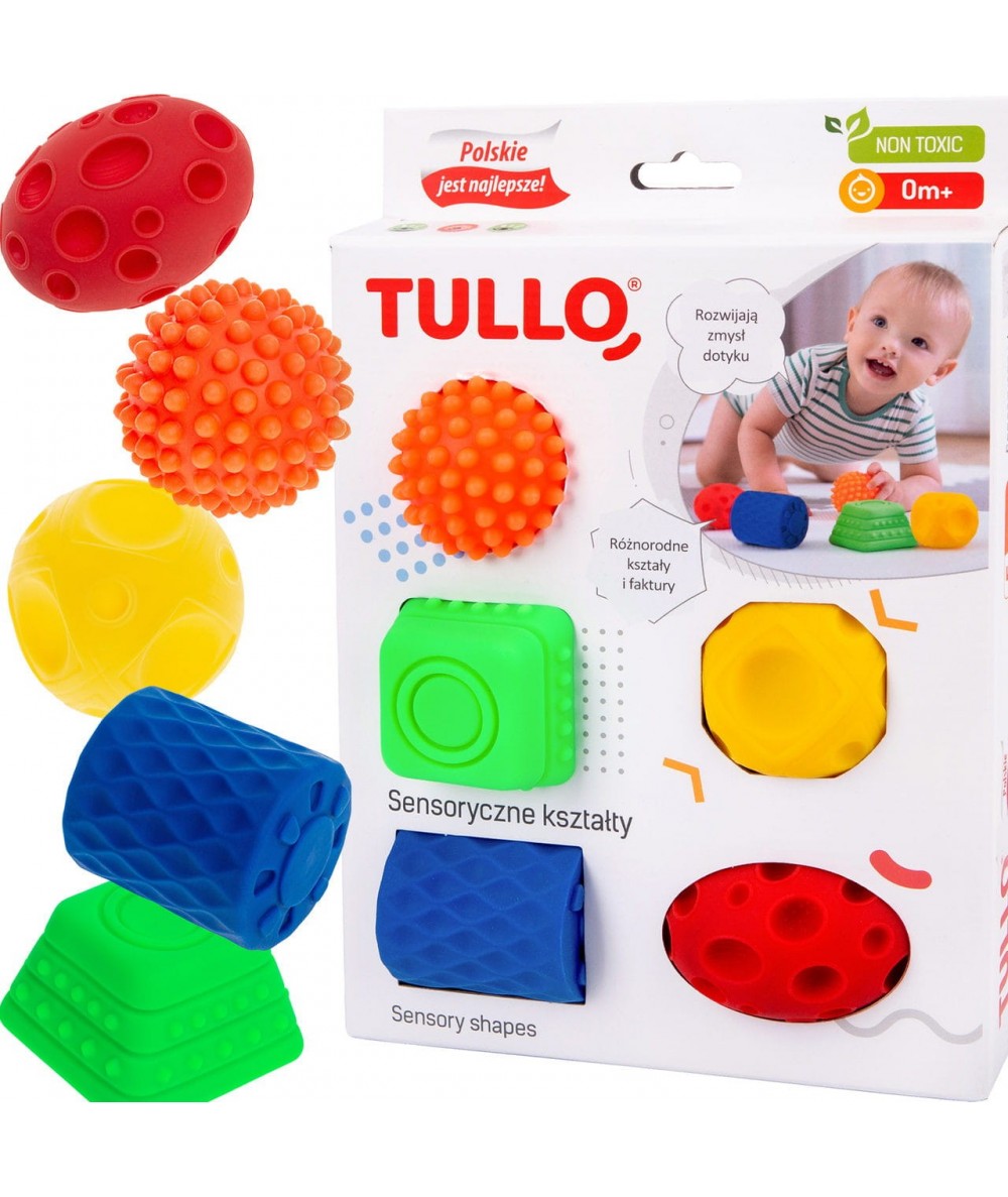 Piłki sensoryczne kształty TULLO 5 szt. do ćwiczeń KOLOROWE dla dzieci 0+ integracja sensoryczna