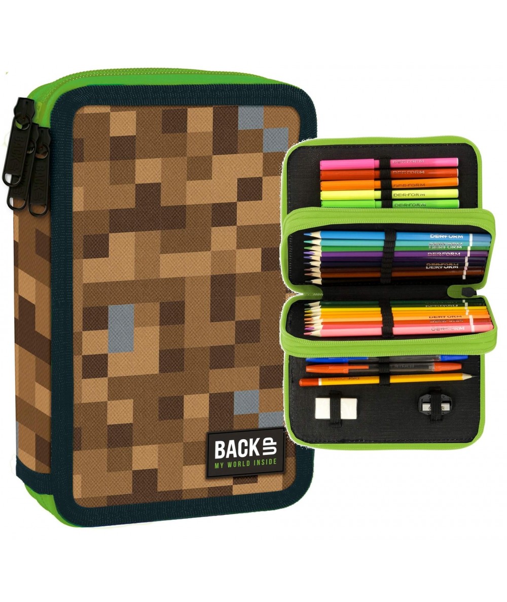 Piórnik trzykomorowy z wyposażeniem gra bloki pixele BackUP GAME dla chłopca EW68