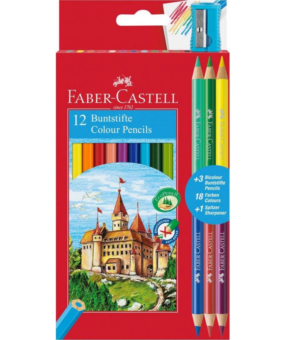 Kredki Faber-Castell EKO 12 + 3 dwustronne ZAMEK 18 kolorów + temperówka
