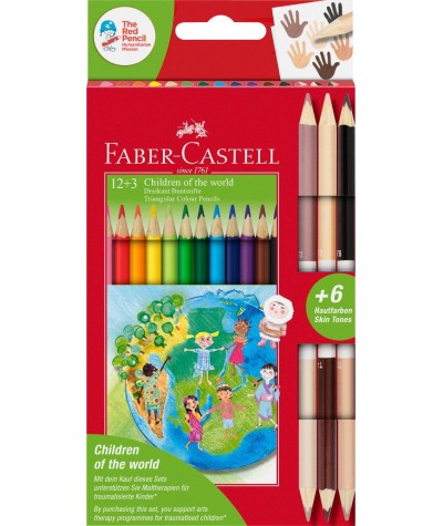 Kredki Faber-Castell EKO 12 + 3 cieliste dwustronne Children of The World 18 kolorów