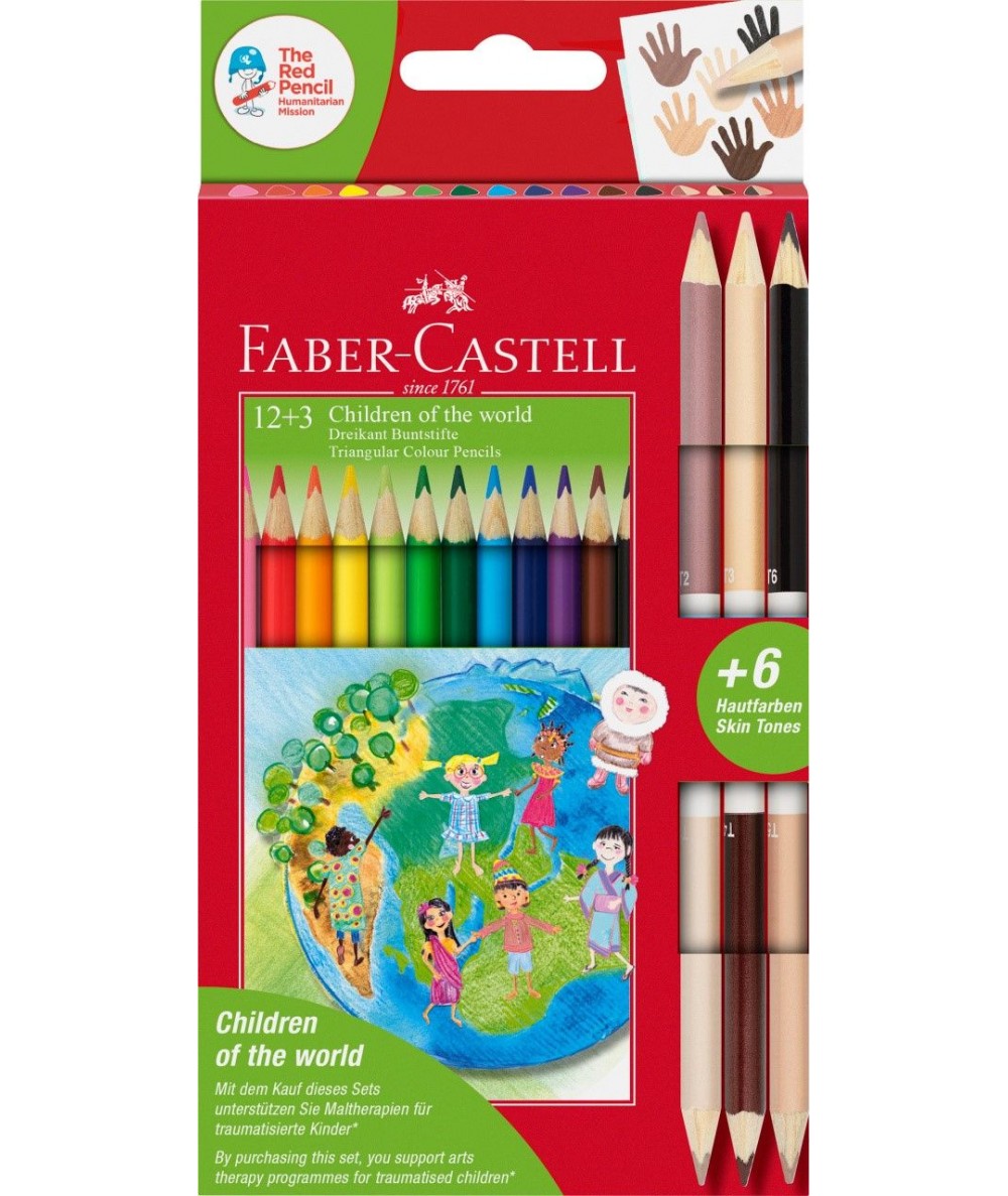 Kredki Faber-Castell EKO 12 + 3 cieliste dwustronne Children of The World 18 kolorów