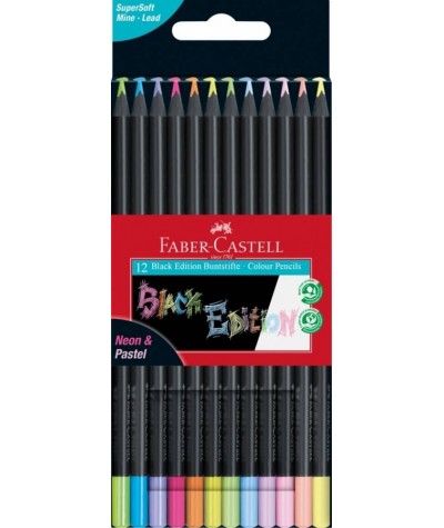 Kredki Faber-Castell z czarnego drewna 12 kolorów NEON & PASTEL Black Edition