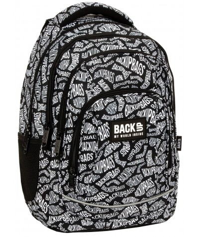 Plecak szkolny BackUP czarno-biały w napisy 3-komorowy A10