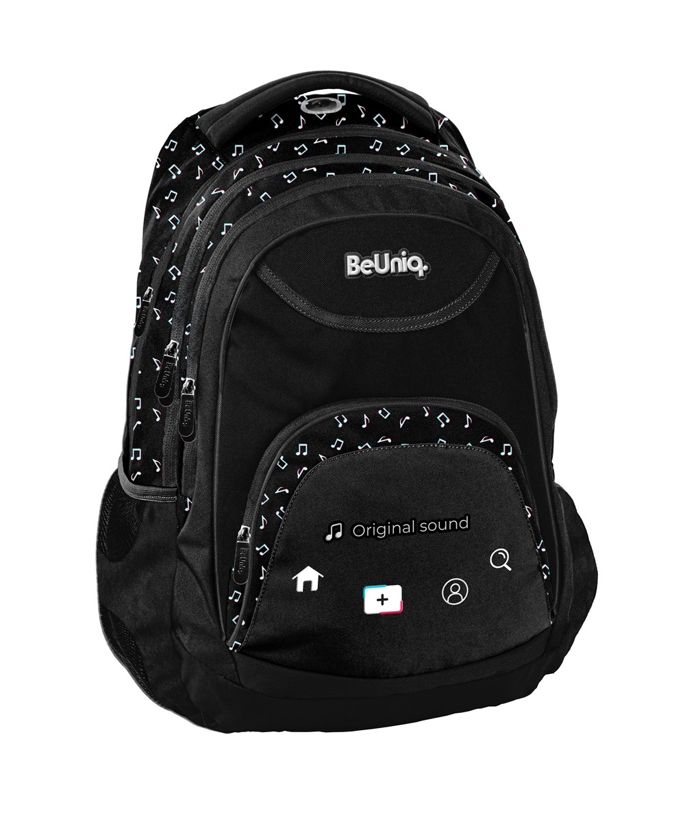 Plecak szkolny w nutki PASO czarny trzykomorowy BeUniq dla fanów TikToka
