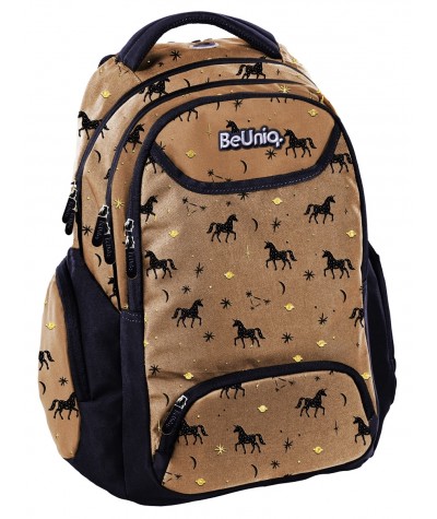 Plecak trzykomorowy szkolny z końmi PASO brązowy BeUniq