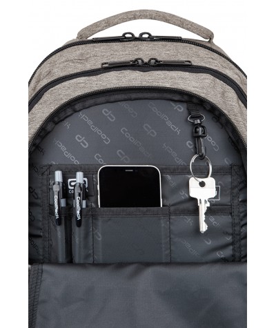 plecak młodzieżowy szary z organizerem wewnątrz kieszeń na telefon i zawieszka klucze coolpack