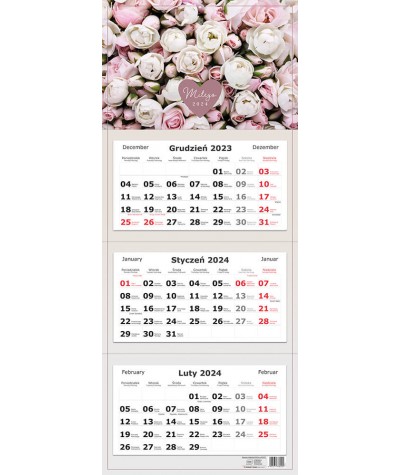 Kalendarz ścienny trójdzielny 2024 róże KWIATY 82,5x34cm INTERDRUK
