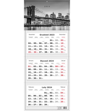 Kalendarz trójdzielny ścienny 2024 czarno białe zdjęcie miasta 82,5x34cm INTERDRUK