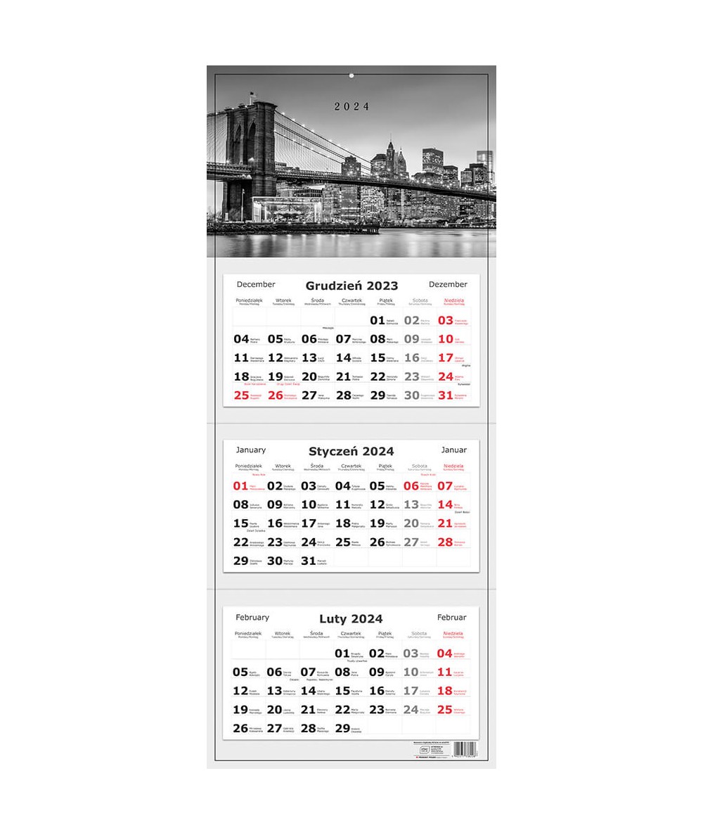Kalendarz trójdzielny ścienny 2024 czarno białe zdjęcie miasta 82,5x34cm INTERDRUK