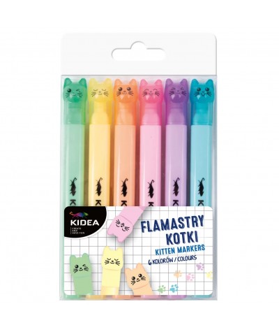 Zakreślacze flamastry KOTKI pastelowe dla dzieci KIDEA 6 kolorów
