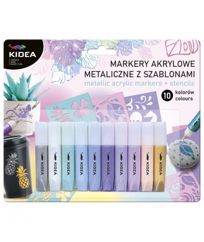 Markery akrylowe metaliczne 10 kolorów z szablonami KIDEA ozdobne