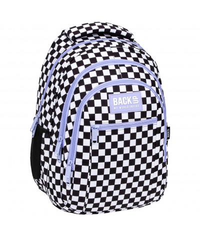 Plecak szkolny BackUP 6 w kratkę dla dziewczynki 26L O94F czarno-biały z fioletowymi zamkami