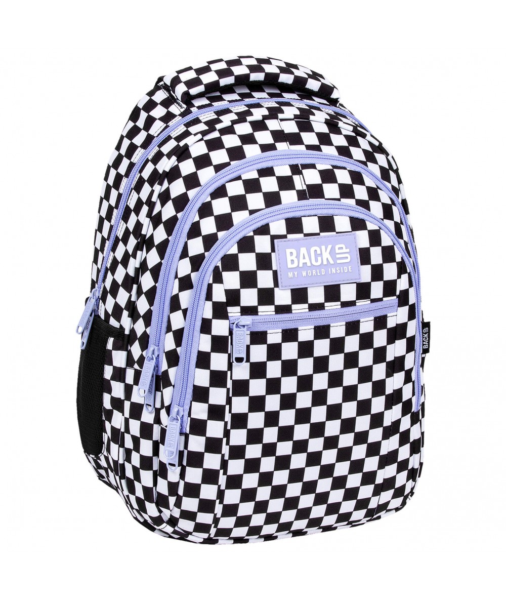 Plecak szkolny BackUP 6 w kratkę dla dziewczynki 26L O94F czarno-biały z fioletowymi zamkami