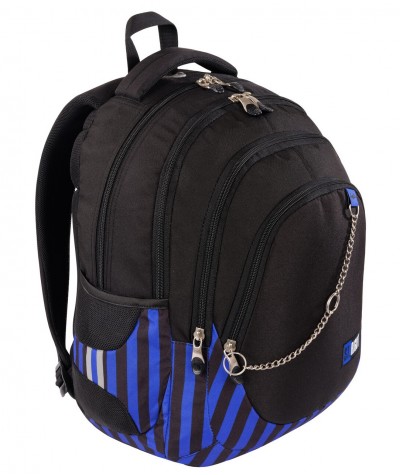 trzykomorowy plecak młodzieżowy CZARNY w niebieskie PASKI ST.RIGHT BLACK&BLUE BP06