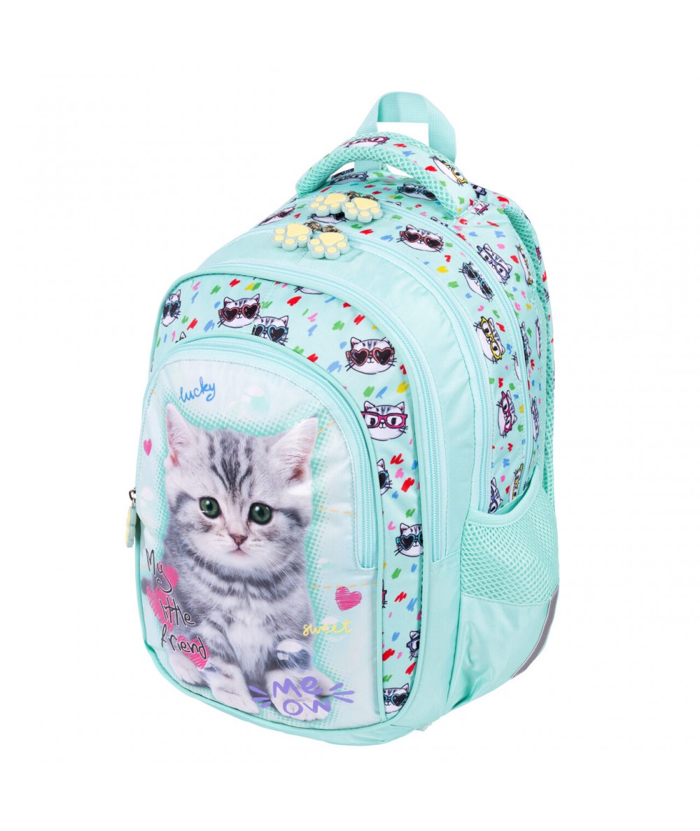 miętowy plecak dla dziewczynki z szarym kotkiem kot posiada pasek piersiowy