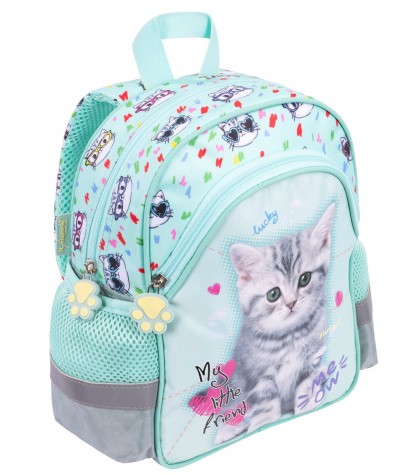 Miętowy plecak z kotem do przedszkola plecaki koty lekki z boczną kieszonką na bidon My Little Friend