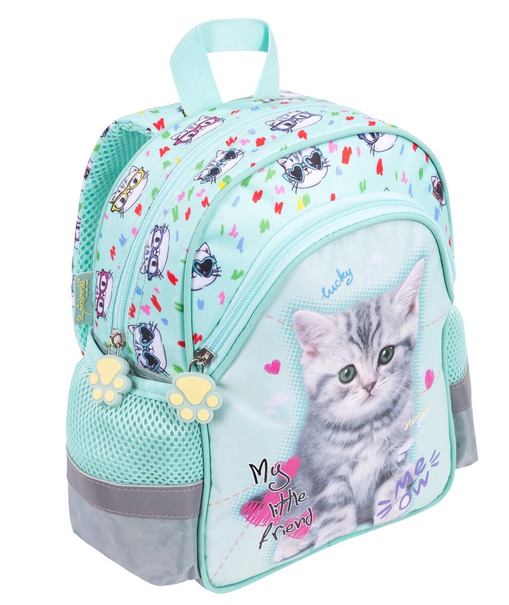 Miętowy plecak z kotem do przedszkola plecaki koty lekki z boczną kieszonką na bidon My Little Friend