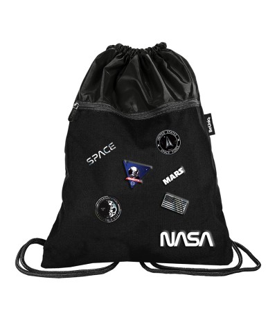 Worek NASA plecak na sznurkach z kieszenią PASO Beuniq PREMIUM czarny z naszywkam