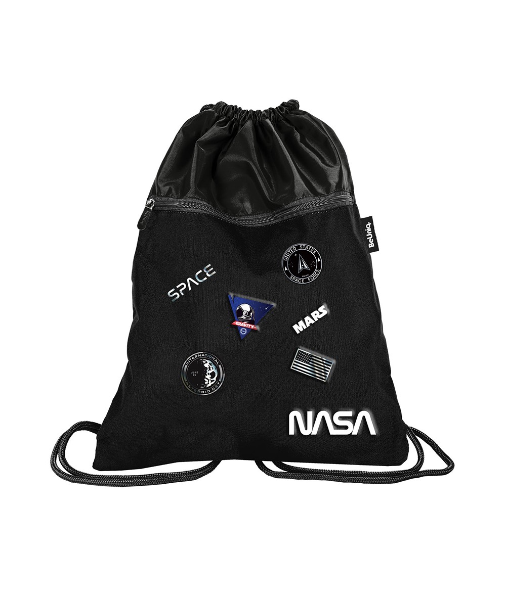 Worek NASA plecak na sznurkach z kieszenią PASO Beuniq PREMIUM czarny z naszywkam