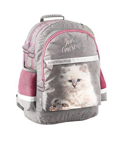 Plecak KOTEK szary różowy z kotem kociakiem PASO 19L dwukomorowy dla pierwszoklasistki