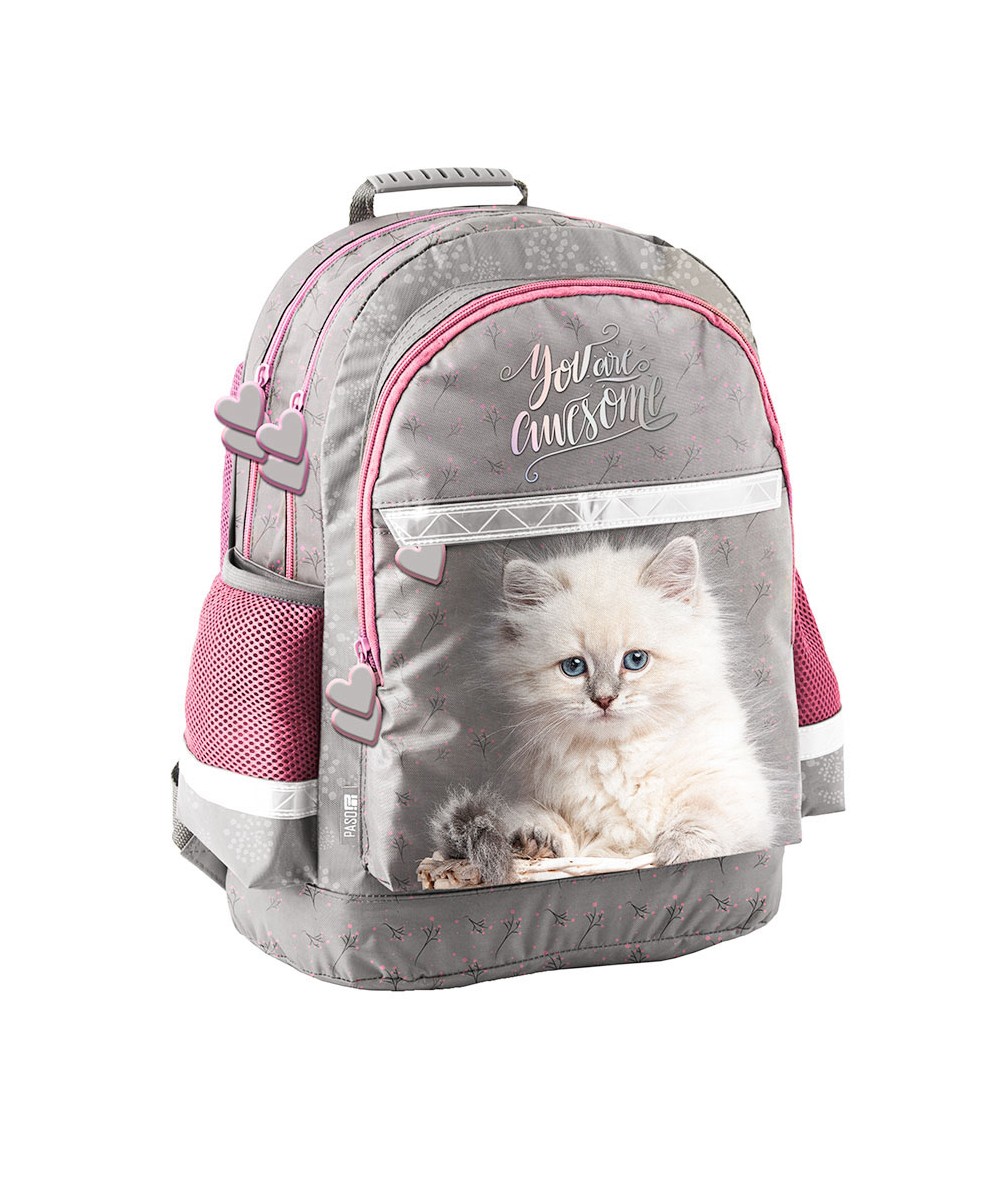 Plecak KOTEK szary różowy z kotem kociakiem PASO 19L dwukomorowy dla pierwszoklasistki