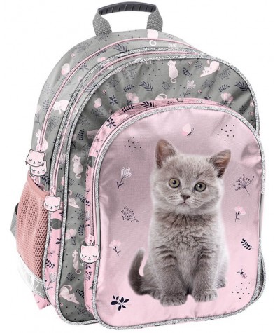 Plecak do 1 klasy z kotkiem różowo-szary PASO lekki 2 komory