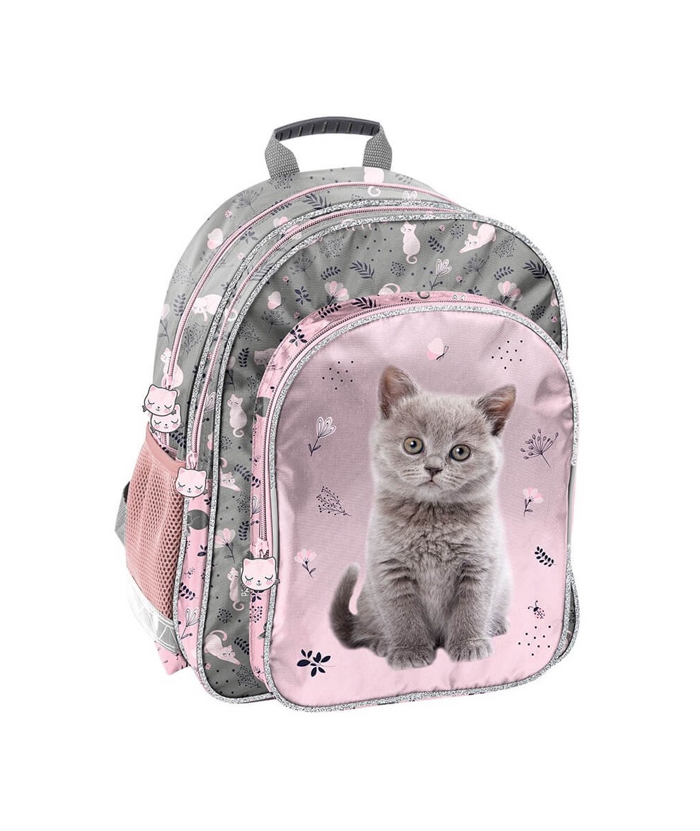 Plecak do 1 klasy z kotkiem różowo-szary PASO lekki 2 komory