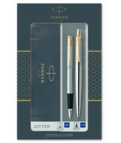 Zestaw pióro wieczne i długopis kulkowy premium PARKER Jotter Stalowy GT złoto-srebrny