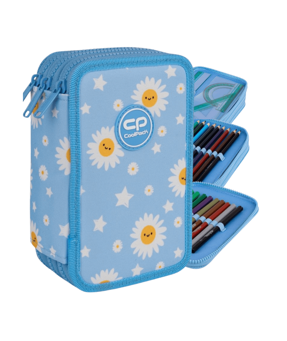 Błękitny Piórnik w kwiatki stokrotki CoolPack CP DAISY SUN JUMPER 3 potrójny z wyposażeniem