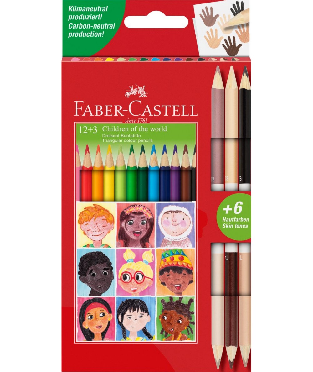 Kredki szkolne Faber-Castell 12szt. + 3 cieliste dwustronne Children of The World