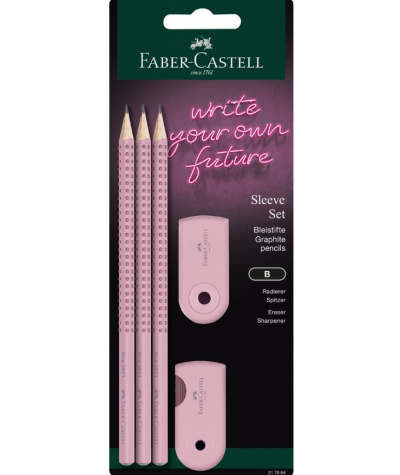 Różowy ZESTAW FABER-CASTELL 3 ołówki B GRIP + gumka + temperówka