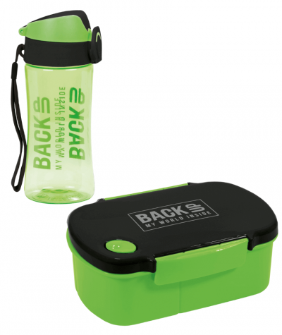 Zielony zestaw BIDON 400ml + Śniadaniówka LUNCHBOX z przegródkami chłopięca BackUP 500ml BPA FREE