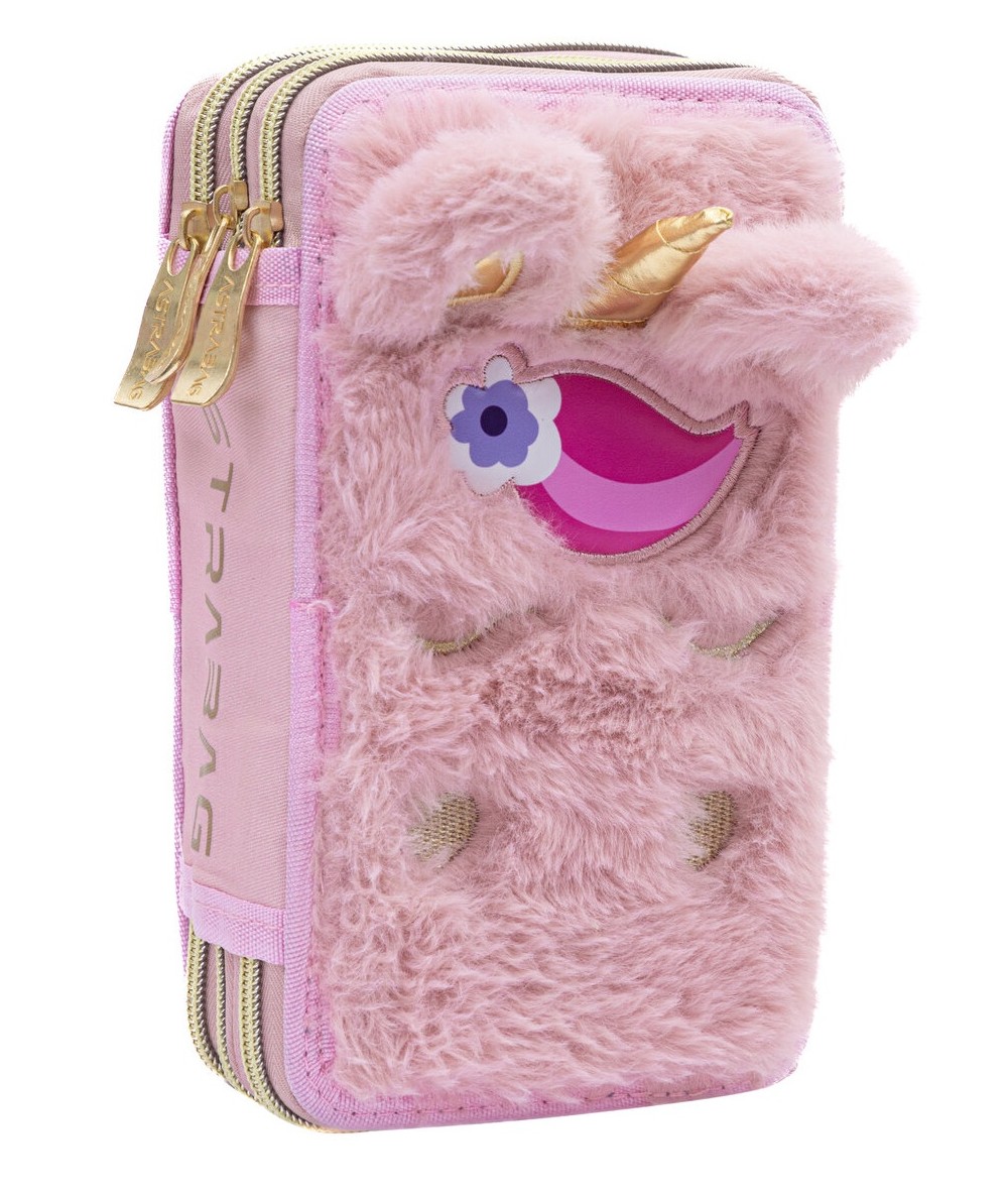 PLUSZOWY Piórnik trzykomorowy JUMBO FLUFFY UNICORN ASTRABAG z wyposażeniem AC31 z jednorożcem