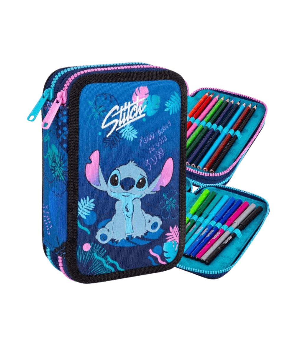 Piórnik STITCH z wyposażeniem dwukomorowy CoolPack CP JUMPER 2 35el. niebieski dla dziewczynki