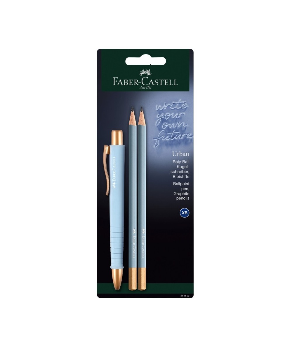 Stylowy ZESTAW Długopis Urban 2 ołówki Faber-Castell błękitny złoty sky blue